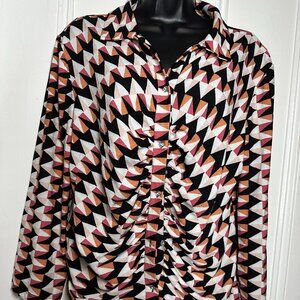 Como Black Geometric Print Ruched Button Down Blouse – XL (Sparkle Buttons)